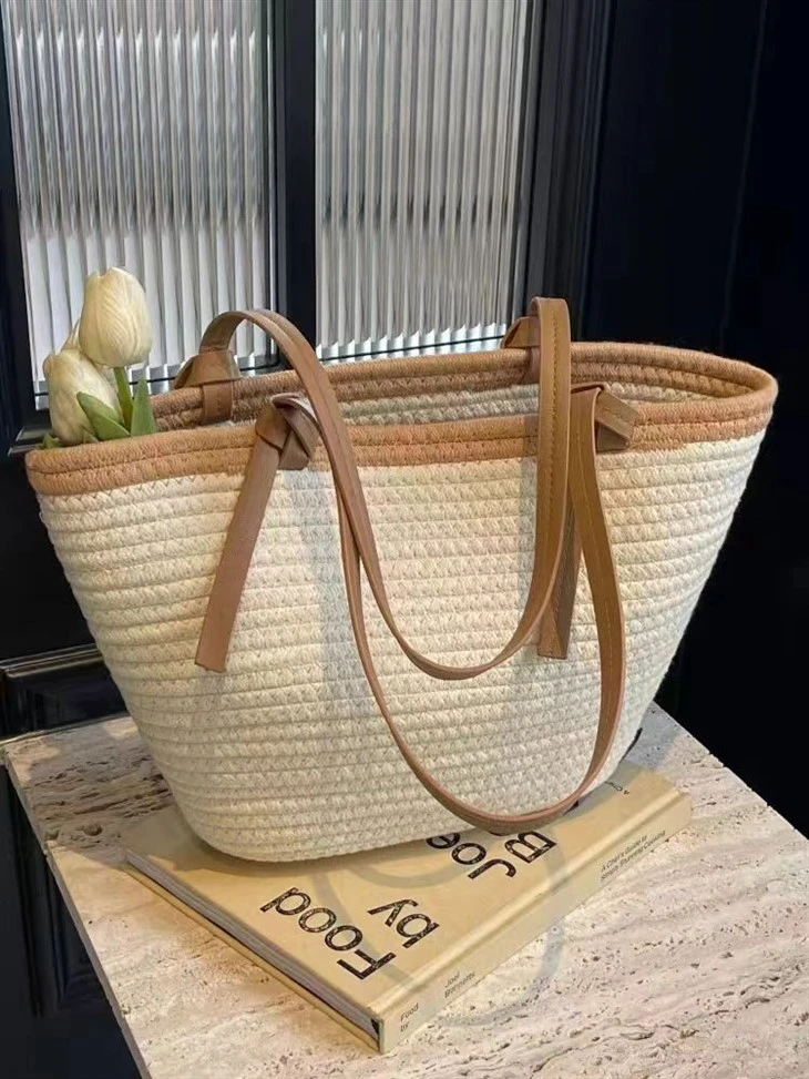 コットンロープ ホワイト&ブラウン ハンドメイド ストローバッグ