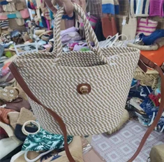 手編みコットンロープレディースバッグ、PUロングハンドル付き